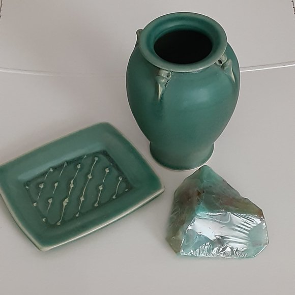 Other - Jade green ceramic bathroom set - vase, soap dish, soap NEW